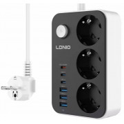  Сетевой фильтр-разветвитель на 3 EU розетки 3 USB 3 Type-C 250В LDNIO SE3631C с выключателем 2500Вт 10А удлинитель быстрая зарядка для телефона повышенная безопасность 2м выключатель 