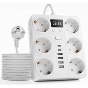 Сетевой фильтр разветвитель на 6 EU розеток 4 USB 2 Type-C 220-250В с выключателем 2500Вт удлинитель быстрая зарядка для телефона повышенная безопасность 2м White